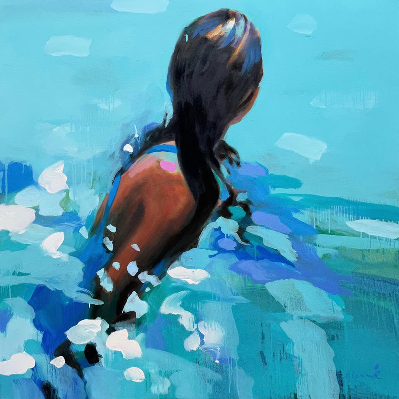 abstract oil painting of a woman from behind in turquoise water