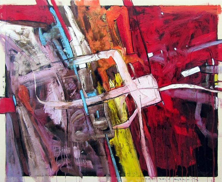 abstract oil painting in red, purple, yellow, orange, blue, and white