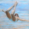 Underwater oil painting of swimmer in a light blue suit peacefully swimming with legs up surrounded by light blue water
