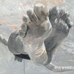 Acrylic mixed media painting of a pair of a feet underwater in black and white with gold accents by Carol Bennett.