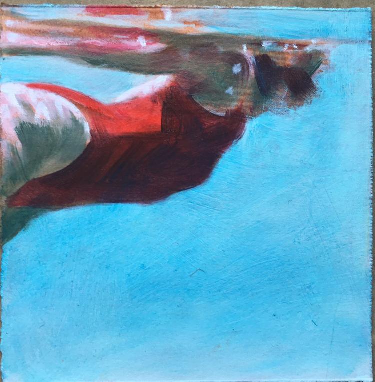 small underwater painting by Carol Bennett of a woman in a red one-piece