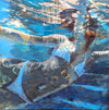 Underwater oil painting of a swimmer looking up at the water's surface wearing a white bikini by Carol Bennett