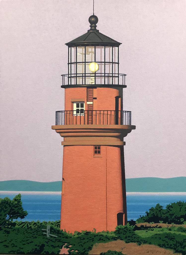 Oil painting by Rob Brooks of an orange lighthouse on a grassy beach. The green hills behind it are separated by a body of water and beach front.