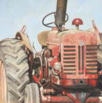 Close up still-life oil painting of a dusty red tractor by artist Michel Brosseau.