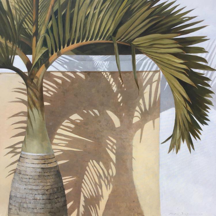 Oil painting of a smaller palm tree casting detailed shadows onto the beige and white wall behind it by artist Michel Brosseau.