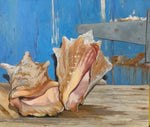 Still life oil painting of two conch shells with a blue weathered backdrop behind them by artist Michel Brosseau