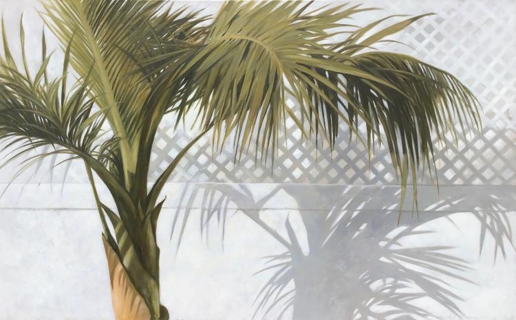 Photorealistic oil painting of a palm tree with shadow casted on white fence behind