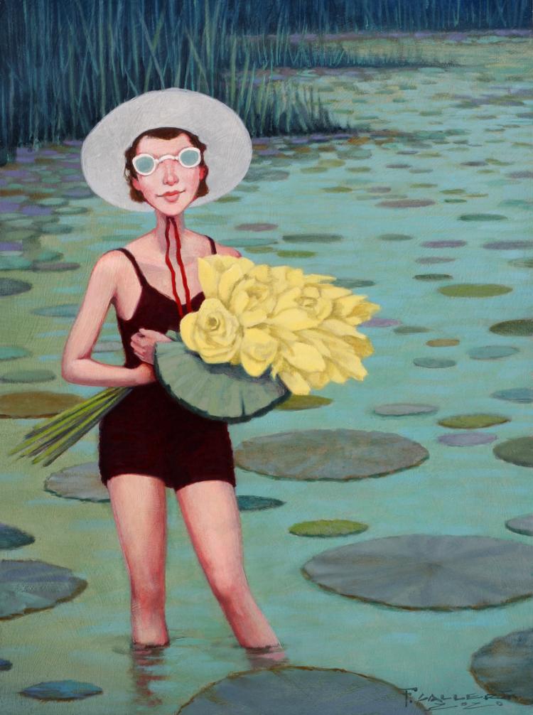 Figurative oil painting by Fred Calleri of of a woman standing in a pond surrounded by lilly pads and holding a bouquet of yellow flowers. She is wearing a vintage burgundy swimsuit, white sunglasses, and a white wide brimmed hat tied under her chin with red string.