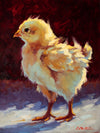 Oil on panel painting of a chick in slight left profile.