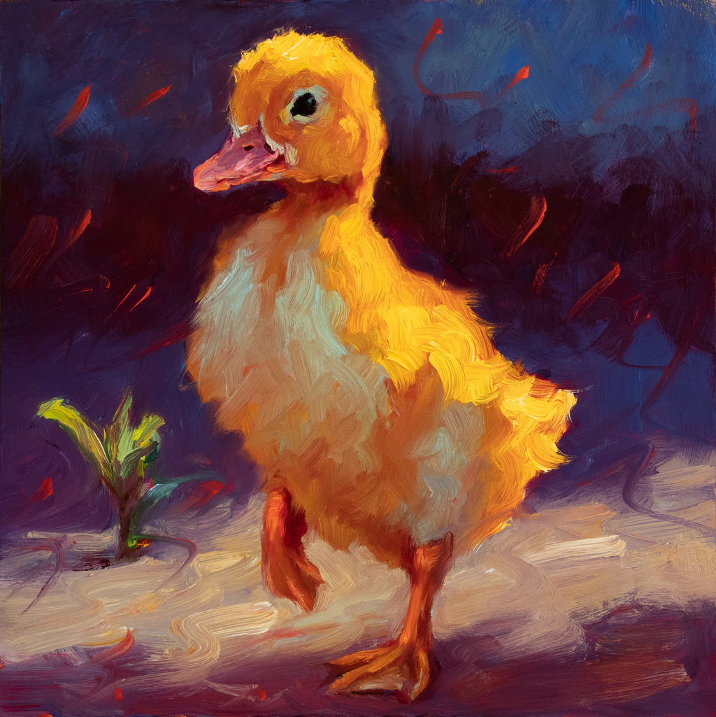 Oil on panel painting of a duckling walking towards the viewer. Orange and yellow with a blue background.