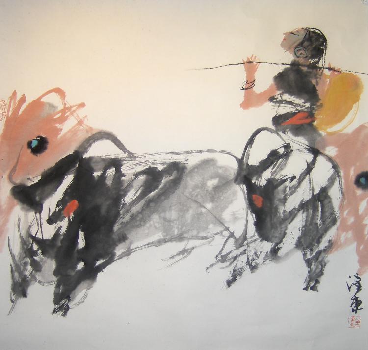 Quan Handong tradition chinese ink art of woman and bull