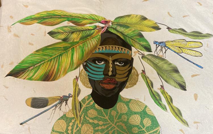 Mixed media piece by Janice Frame of an African woman wearing a green and gold top with plant patterns and gold round earrings. Atop her heard are large green leaves and she wears a gold headband across her forehead and tribal face paint across her cheeks and above her brows. Two large dragonflies are on either side of her.