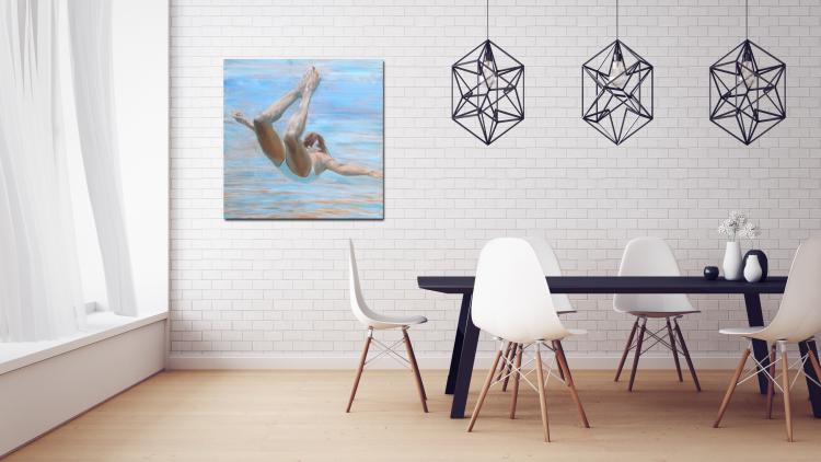 Underwater oil painting of swimmer in a light blue suit peacefully swimming with legs up surrounded by light blue water