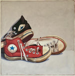 photorealistic oil painting of black, red and white converse sneakers by Santiago Garcia