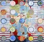 abstract Jylian Gustlin painting with stripes and circles in red, blue, yellow, orange, green and white