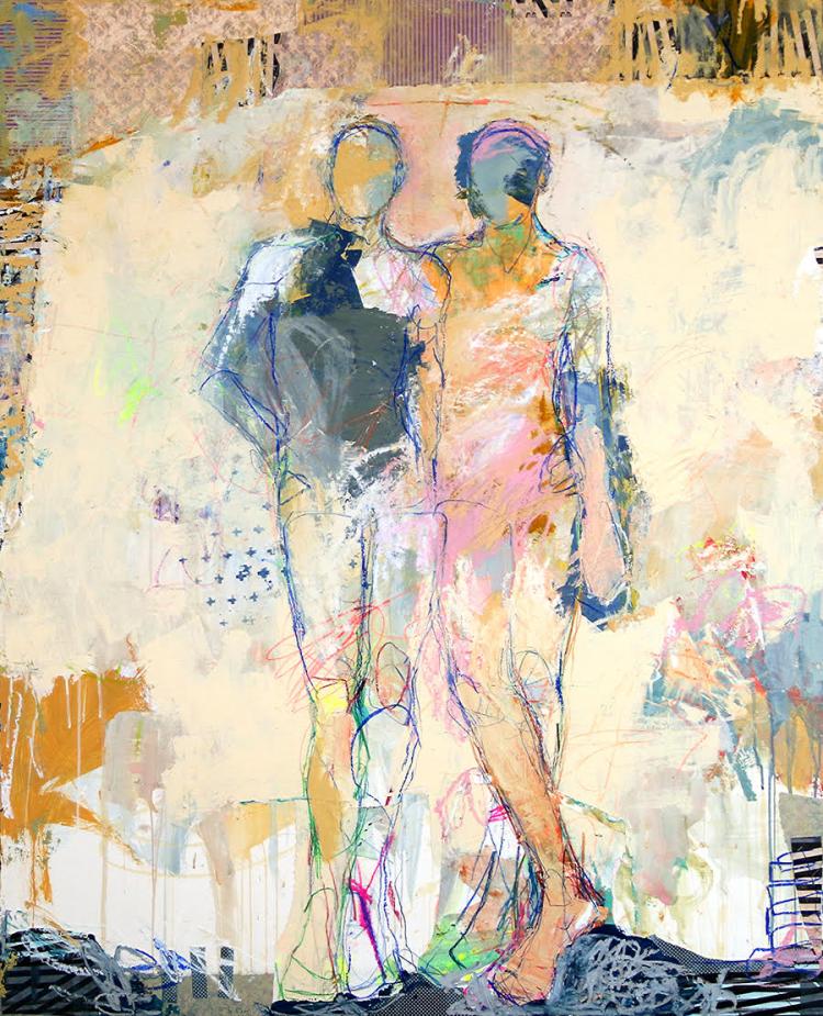 Abstract mixed media painting by Jylian Gustlin of two figures in yellow, pink, blue, and cream 
