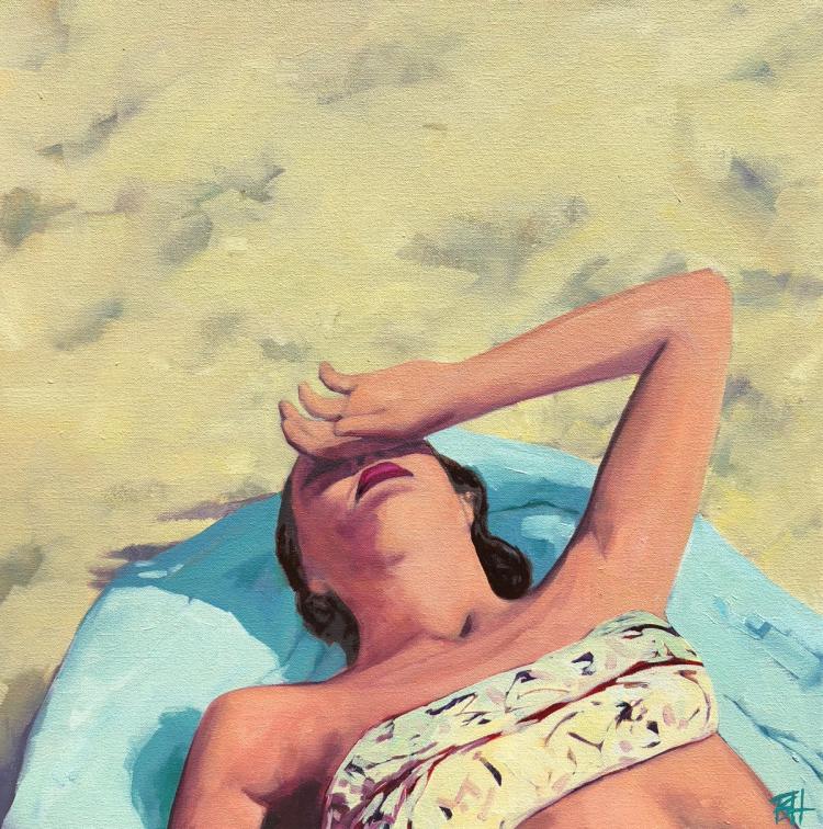 Oil painting by TS Harris of a woman laying at the beach on a blue beach towel with the back of her hand to her temple.