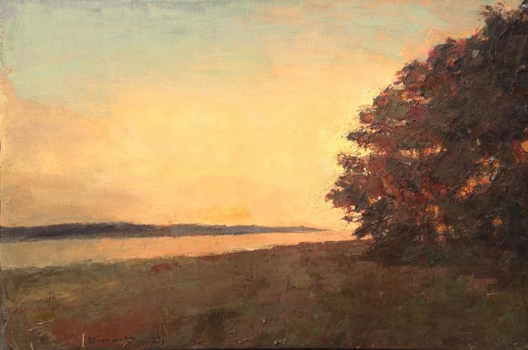 Oil painting by Larry Horowitz of a landscape with soft yellow sky and large, dark tree to the right of the painting