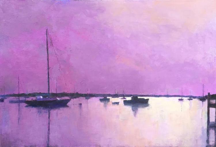 Oil painting by Larry Horowitz of sailboats silhouetted by a purple sunset sky 