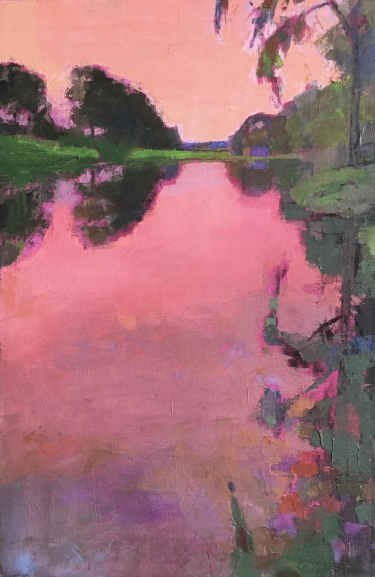 Oil painting of a pink sunset reflected across a pond with green trees surrounding.
