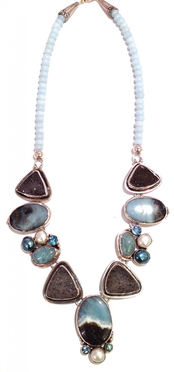 "Aquamarine, Spotted Druzy, Blue Topaz, Pearl, Pyrite Necklace"