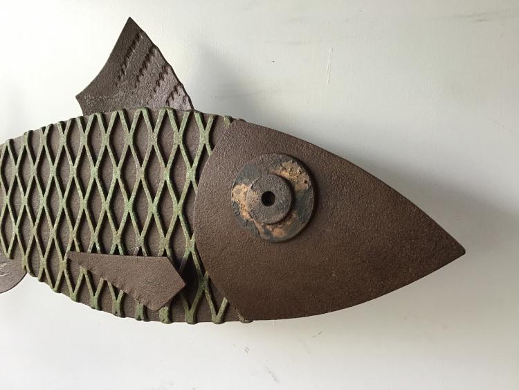 Bronze Sculpture of a fish with green scales by Hugh Holborn