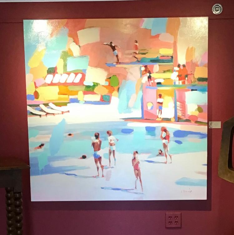Abstract oil painting by Elizabeth Lennie of people by the pool jumping off diving boards in pastel pink, light blue, orange, and green