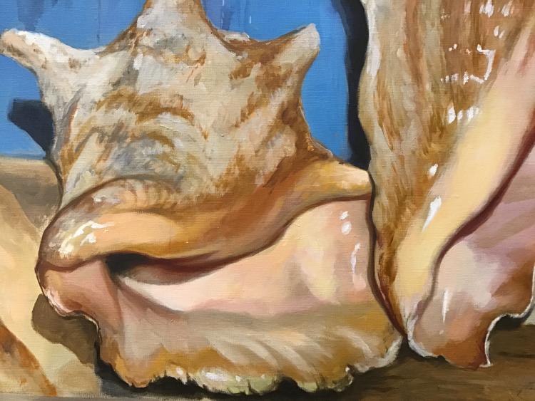 Still life oil painting of two conch shells with a blue weathered backdrop behind them by artist Michel Brosseau