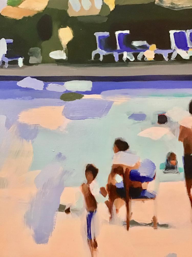 Abstract oil painting by Elizabeth Lennie of people by the pool in pastel green, tan, and blue palette