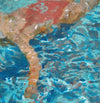 Figurative oil painting on paper by Carol Bennett of a woman's torso in a red swimsuit and left arm under clear blue rippling water.
