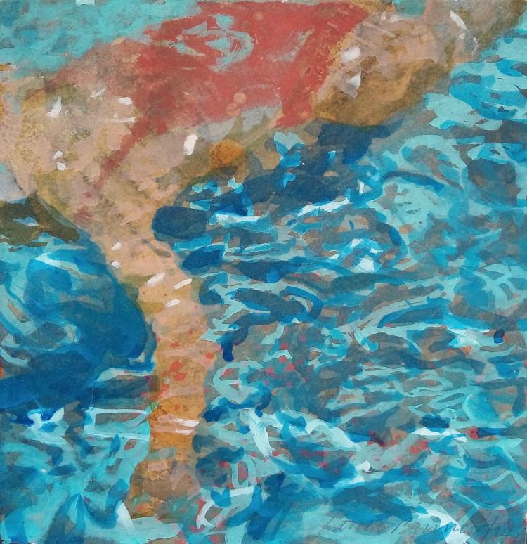 Figurative oil painting on paper by Carol Bennett of a woman's torso in a red swimsuit and left arm under clear blue rippling water.