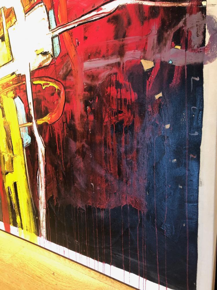 abstract oil painting in red, purple, yellow, orange, blue, and white