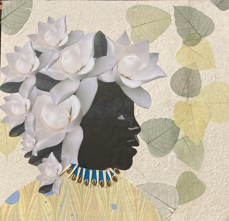 mixed media portrait of a black woman with magnolia flowers on her head against a beige backdrop with leaves