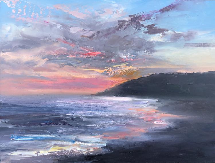 Oil painting by Whitney Knapp of cliffs silhouetted by a pink and purple sunset reflected across the ocean