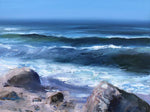 Oil painting by Whitney Knapp of the deep blue ocean shore with large rocks and choppy water