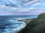 Oil painting by Whitney Knapp of the ocean shoreline by cliffs with a pastel pink and blue sky