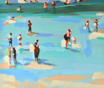 Oil painting by Elizabeth Lennie with abstract strokes of people in shades of blue water by the beach.