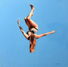 Oil painting by Elizabeth Lennie of a woman in a dark bikini flipping in the air with light blue sky behind