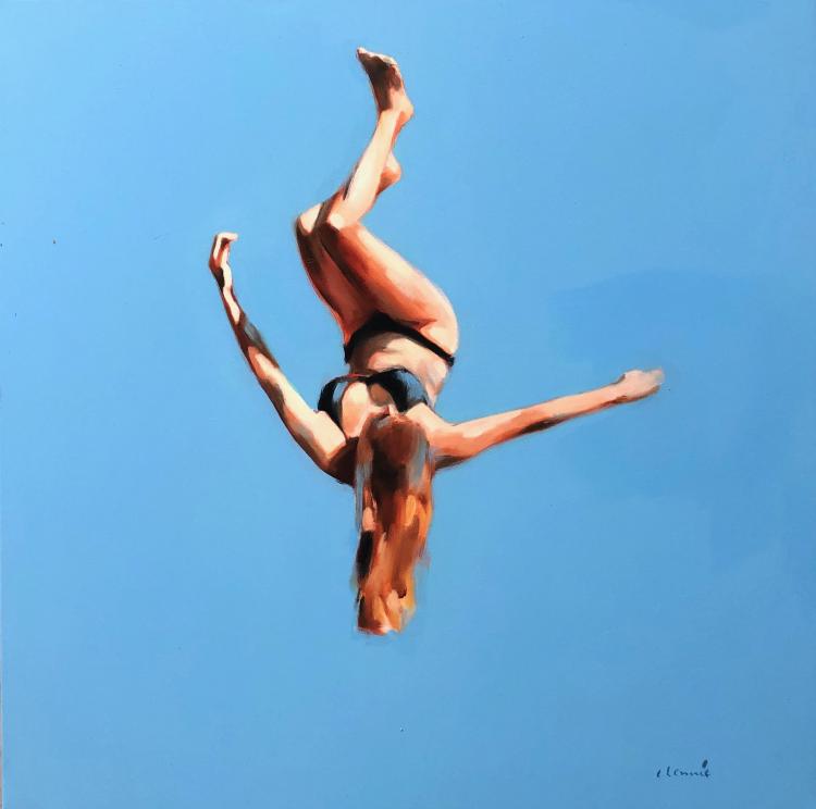 Oil painting by Elizabeth Lennie of a woman in a dark bikini flipping in the air with light blue sky behind