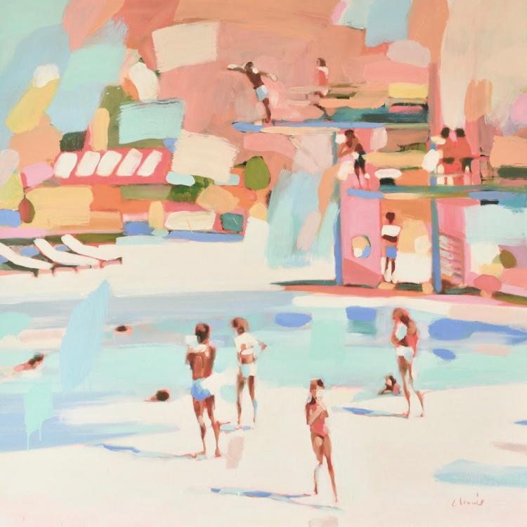 Abstract oil painting by Elizabeth Lennie of people by the pool jumping off diving boards in pastel pink, light blue, orange, and green