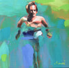 Oil painting by Elizabeth Lennie of a man treading abstract water in blues and greens