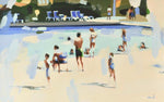 Abstract oil painting by Elizabeth Lennie of people by the pool in pastel green, tan, and blue palette