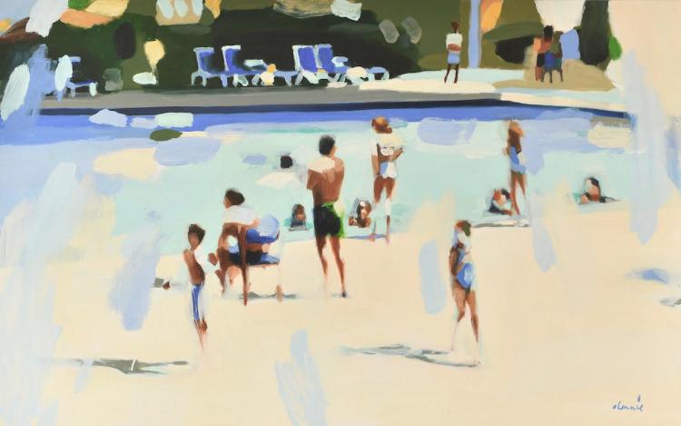 Abstract oil painting by Elizabeth Lennie of people by the pool in pastel green, tan, and blue palette