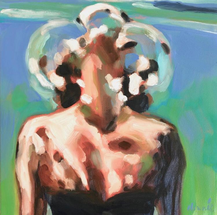 Oil painting by Elizabeth Lennie of a woman swimming to the sirface of the water with bubbles around her face