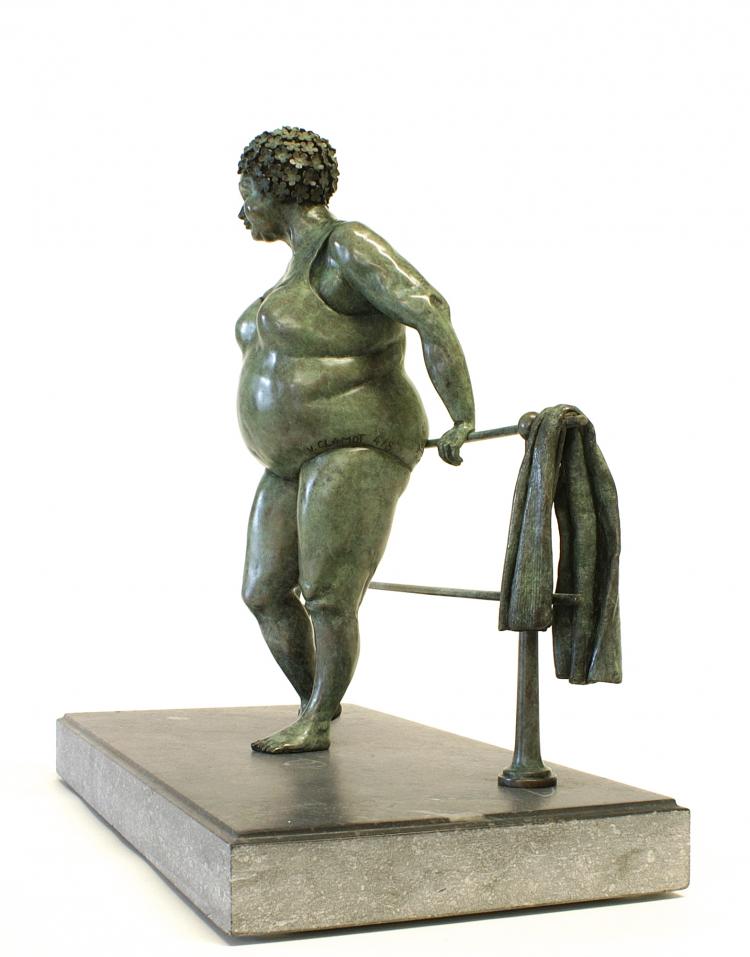 Bronze sculpture by Veronique Clamot of a plus size model in from of a ballet bar