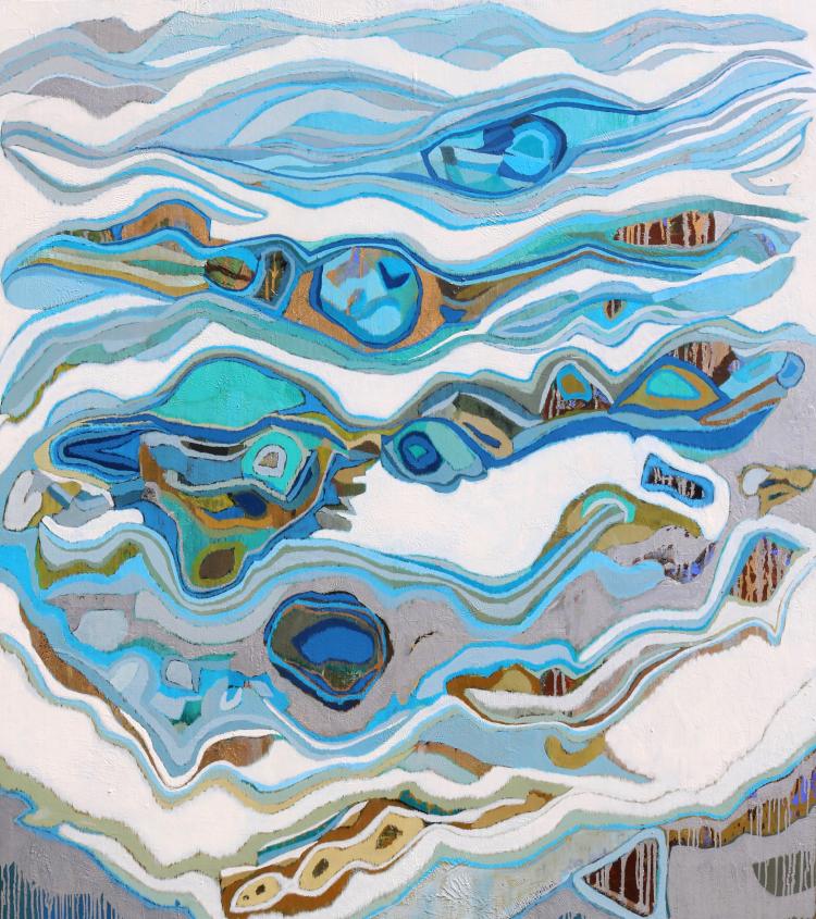 Abstract oil painting by Chase Langford in blue, silver, red, and gold