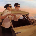 Oil painting by Joseph Lorusso of a man and a woman standing on either side of a yellow car both wearing sunglasses against a pastel sunset sky.