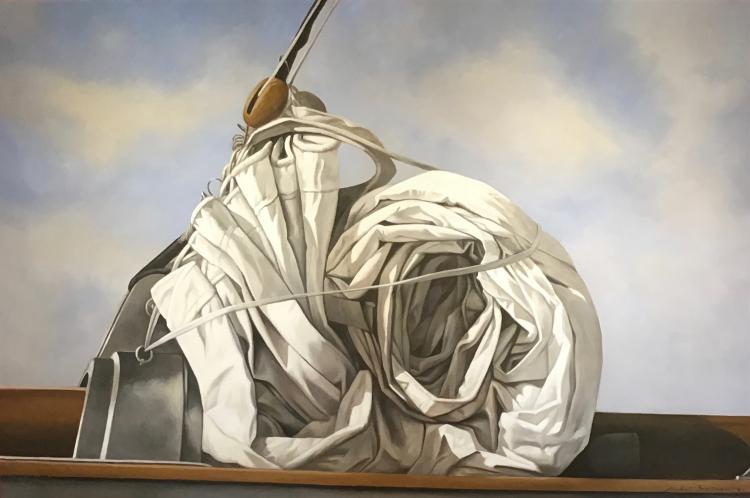 Oil painting by Michel Brosseau of a sail wrapped up resembling the shape of a snail. we can see a an overcast yet blue sky in the background.