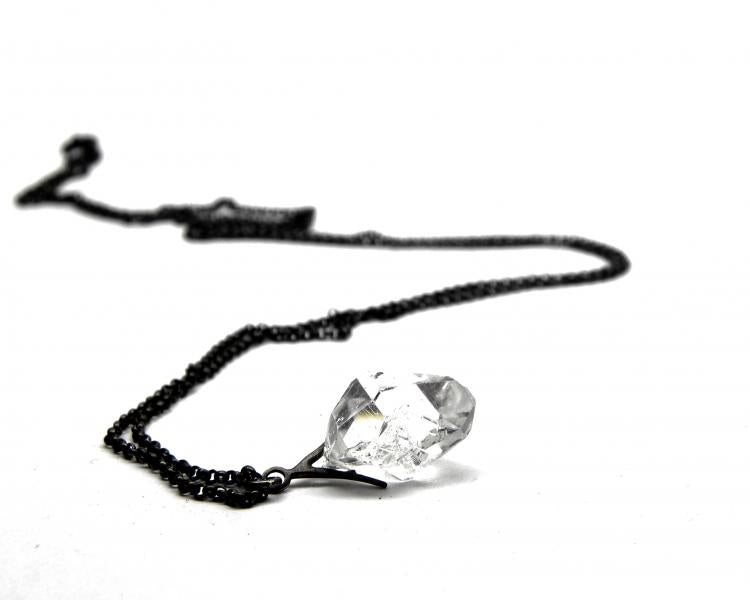 Hannah Blount quartz crystal necklace with long oxidized sterling silver chain