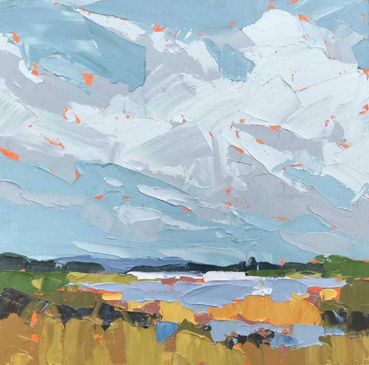 Acrylic painting by Paul Norwood of an abstract landscape of a body of water and green and brown grasses under a blue sky and large white clouds.